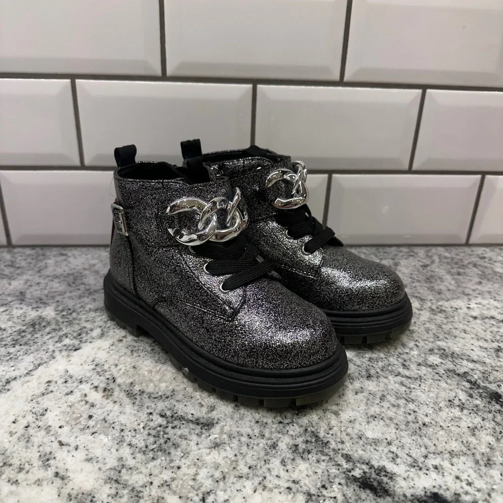 Nina Kids Size 10 Combat Boots Silver Black Glitter Chain Detail Glam Sparkle